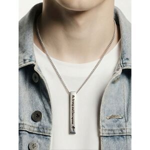 Be Strong and Courageous Silver Vertical Bar Necklace Stainless Steel Cross 20"